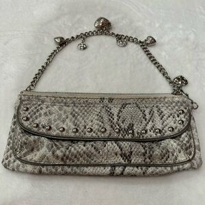 KATHY VAN ZEELAND Faux Snakeskin Wallet Wristlet Purse with Ornate Chain - white
